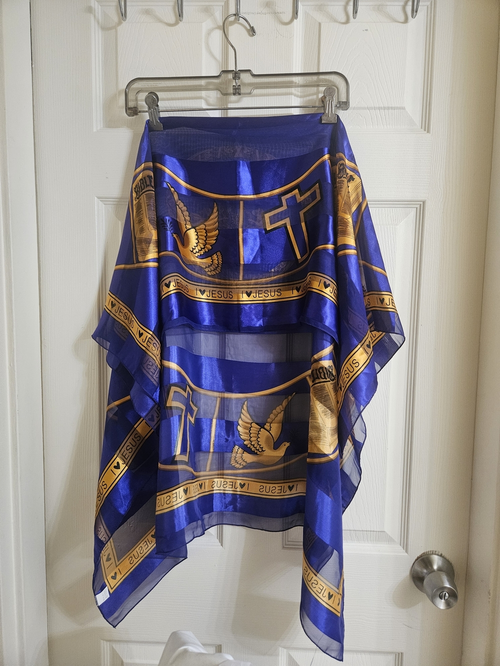 White & Gold Religious Print Satin Scarf - Picture 10 of 12